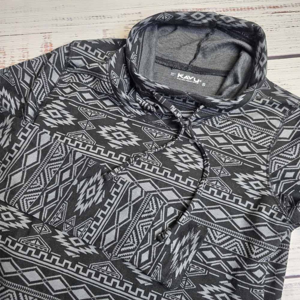 Kavu Skylar Sweater Womens Small Black Gray Aztec Pullover Thumb Holes Mock Neck